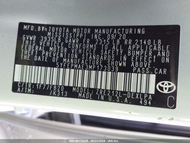 Toyota COROLLA LE 2021 5YFEPMAE3MP173039 Image 9