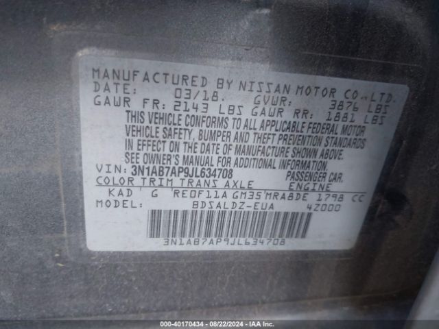 3N1AB7AP9JL634708 Nissan SENTRA SV