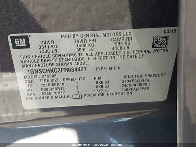 Chevrolet Suburban 1500 Ls 2015 1GNSCHKC2FR634427 Image 9