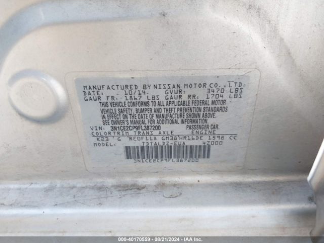3N1CE2CP9FL387200 Nissan Versa Note S (sr)/s Plus/sl/sr/sv