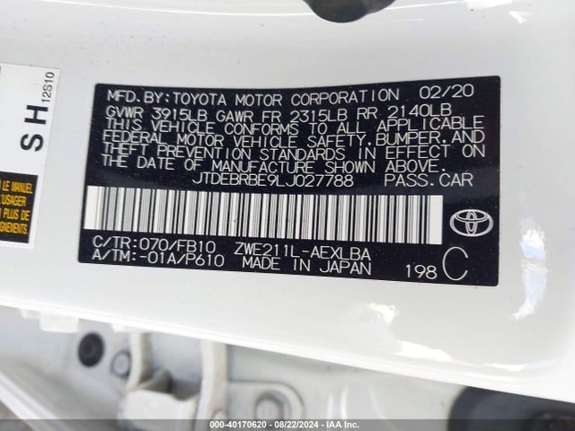 Toyota Corolla Hybrid Le 2020 JTDEBRBE9LJ027788 Image 9