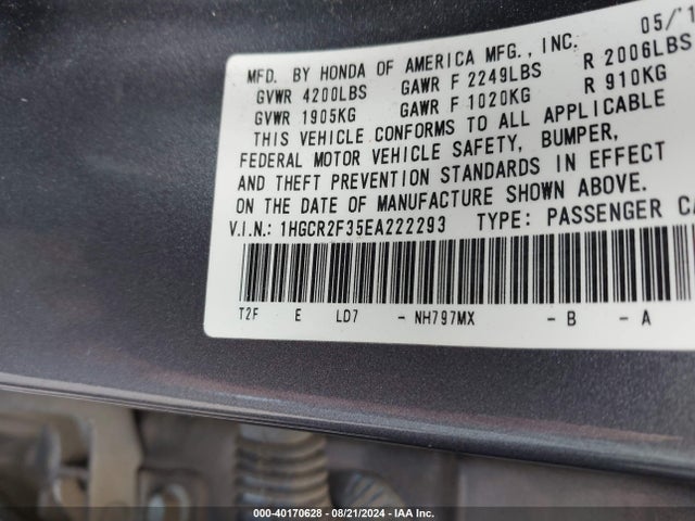 Honda ACCORD LX 2014 1HGCR2F35EA222293 Image 9