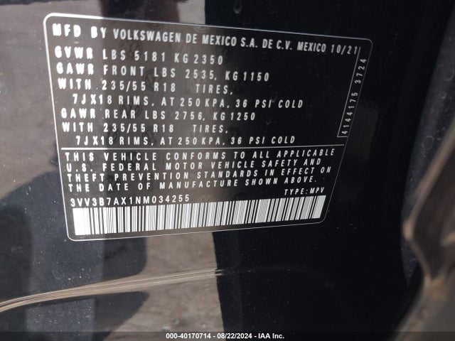 3VV3B7AX1NM034255 Volkswagen Tiguan 2.0t Se