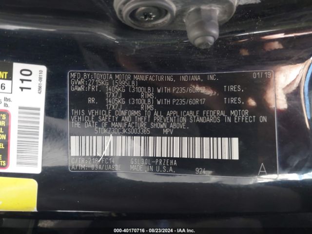 5TDKZ3DC3KS003365 Toyota Sienna Le 8 Passenger