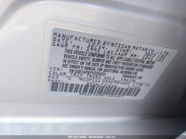 Nissan Sentra Fe+ S 2015 3N1AB7AP8FY220409 Image 9