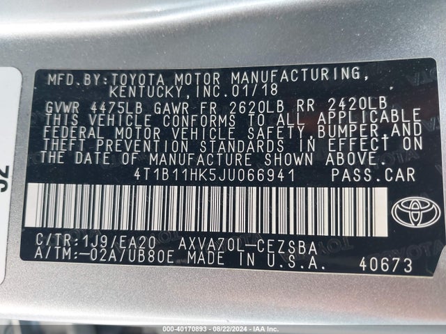 Toyota CAMRY SE 2018 4T1B11HK5JU066941 Image 9