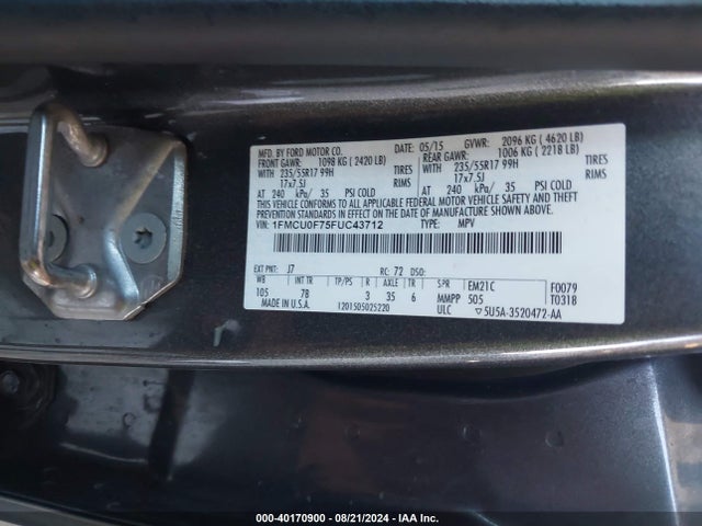 Ford ESCAPE S 2015 1FMCU0F75FUC43712 Image 9