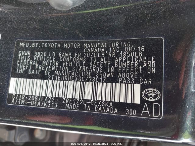 2T1BURHEXGC738017 Toyota Corolla S Premium
