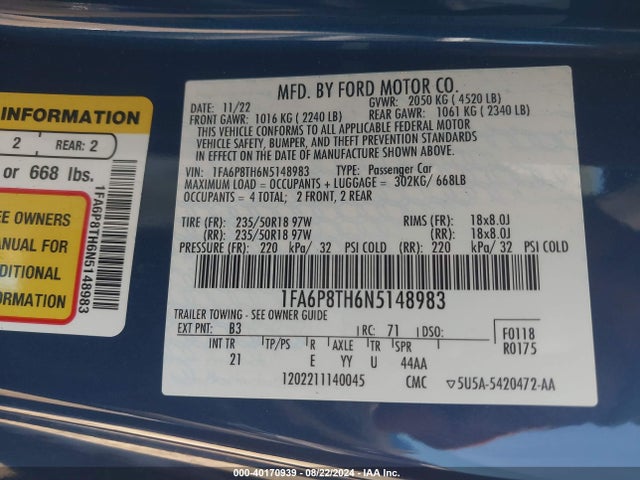 Ford Mustang Ecoboost Fastback 2022 1FA6P8TH6N5148983 Image 9