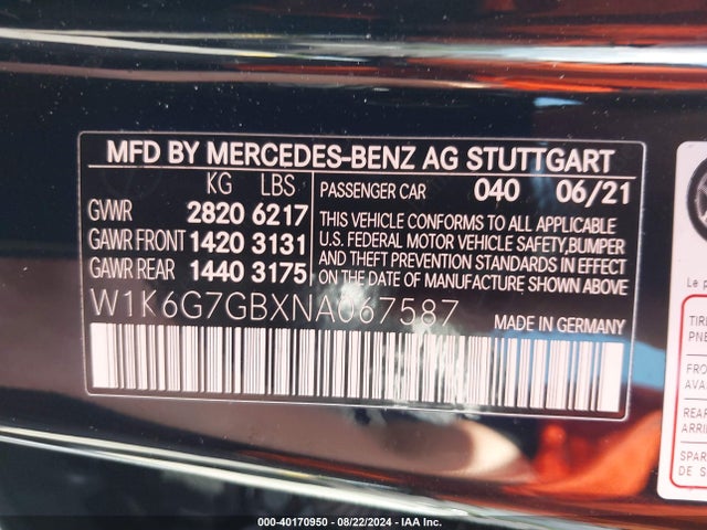 W1K6G7GBXNA067587 Mercedes-Benz S 580 4matic