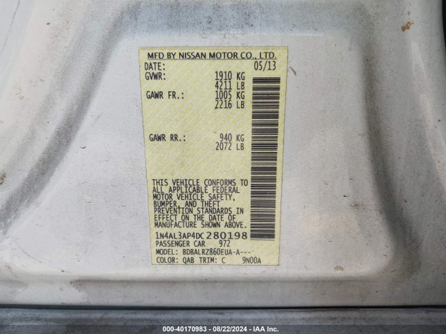 2013 Nissan Altima 2.5 S მანქანა იყიდება აუქციონზე, vin: 1N4AL3AP4DC280198, აუქციონის ნომერი: 40170983