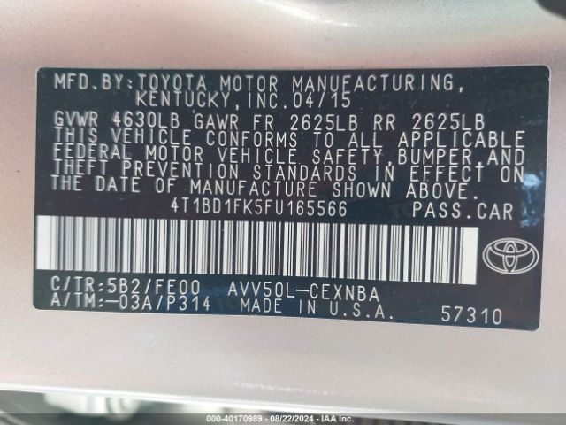 4T1BD1FK5FU165566 Toyota Camry Hybrid Le