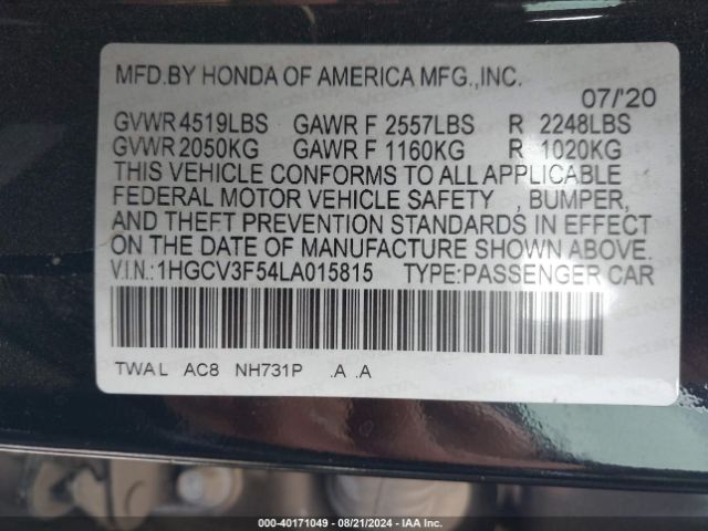 1HGCV3F54LA015815 Honda Accord Hybrid Ex-l