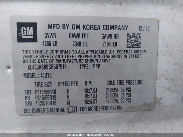 KL4CJASB9GB587516 Buick Encore