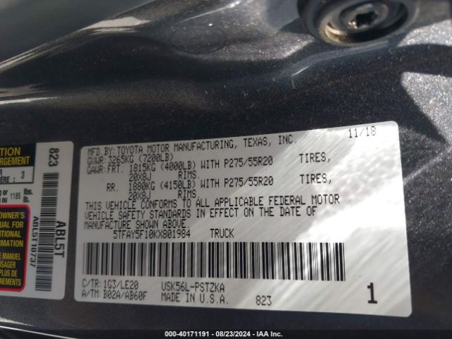 5TFAY5F10KX801984 Toyota Tundra Platinum 5.7l V8
