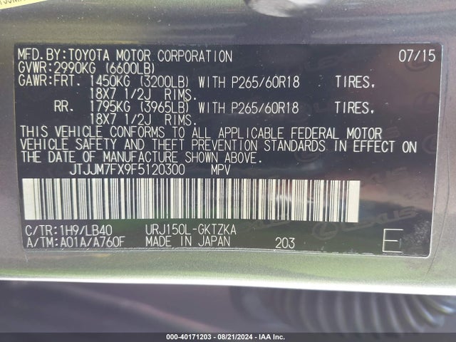 JTJJM7FX9F5120300 Lexus 460 Luxury
