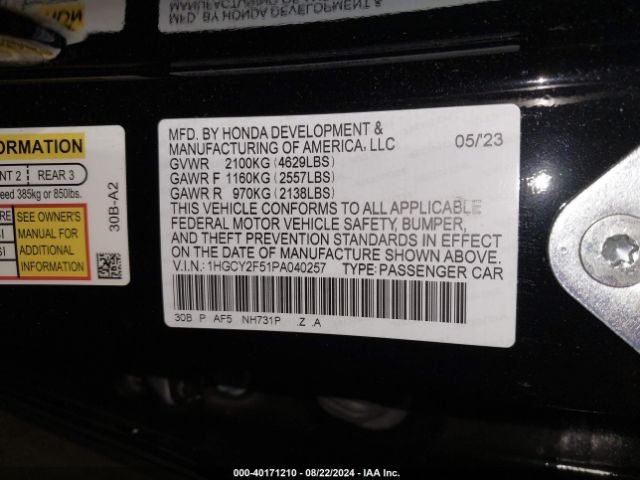 1HGCY2F51PA040257 Honda Accord Hybrid Sport