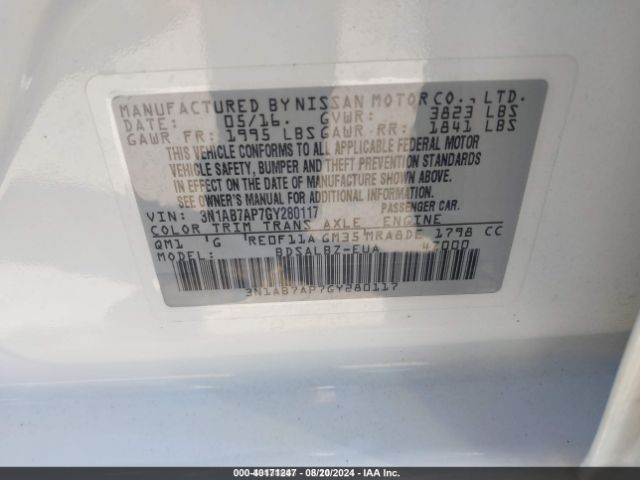 3N1AB7AP7GY280117 Nissan Sentra Fe+ S/s/sl/sr/sv