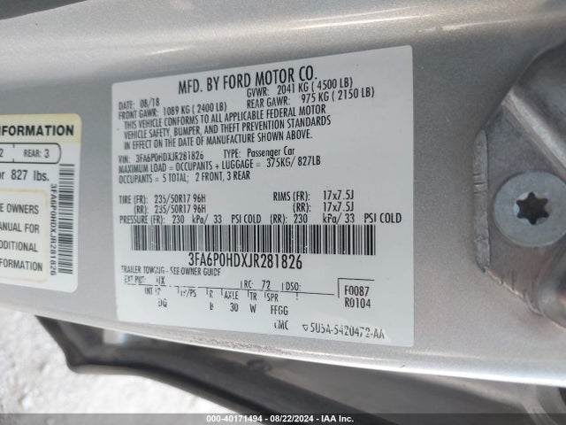 Ford FUSION SE 2018 3FA6P0HDXJR281826 Image 9