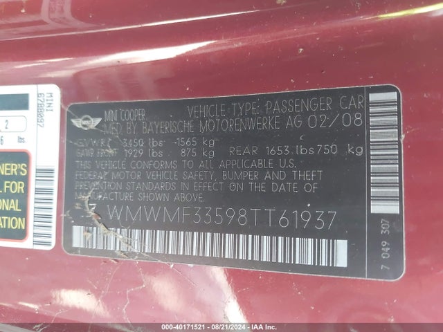 2008 MINI COOPER WMWMF33598TT61937 Photo 8