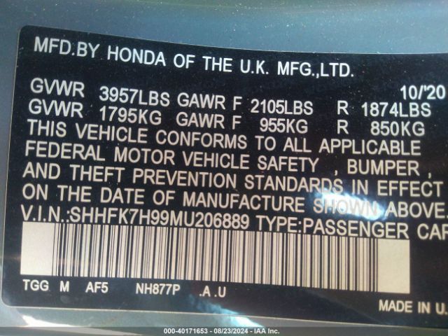 SHHFK7H99MU206889 Honda Civic Sport Touring