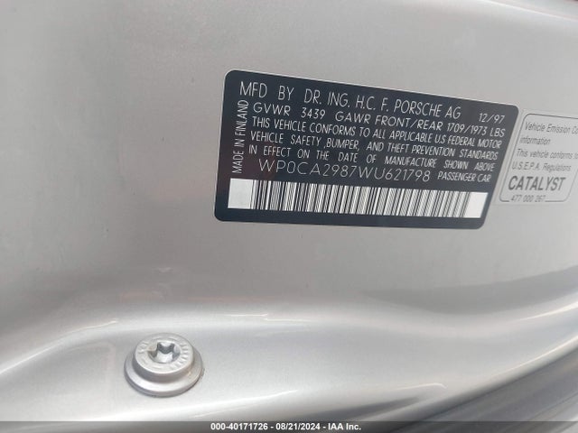 1998 PORSCHE BOXSTER WP0CA2987WU621798 Photo 8