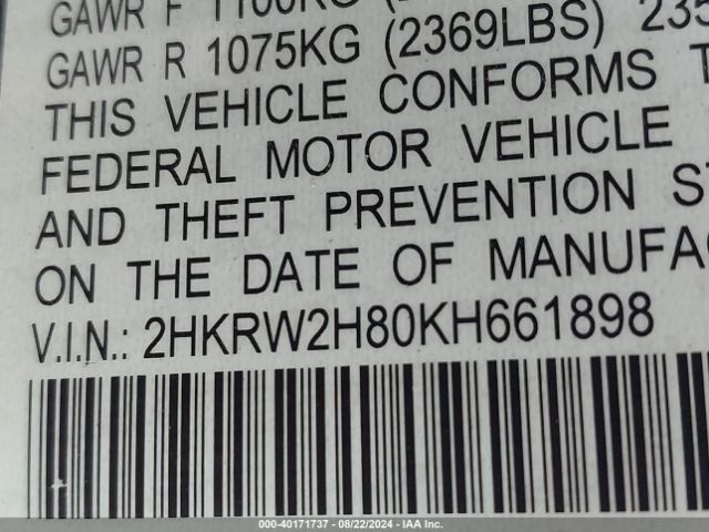 2HKRW2H80KH661898 Honda Cr-v Ex-l