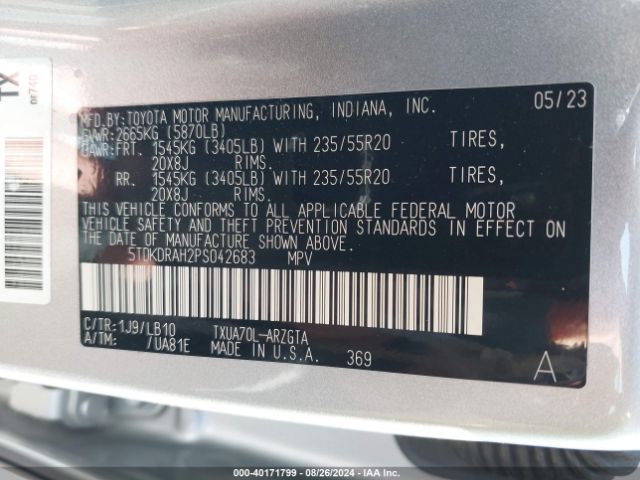 5TDKDRAH2PS042683 Toyota Highlander Limited