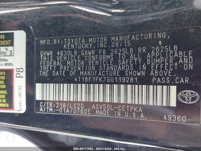 Toyota CAMRY XSE 2016 4T1BF1FK7GU119281 Image 9