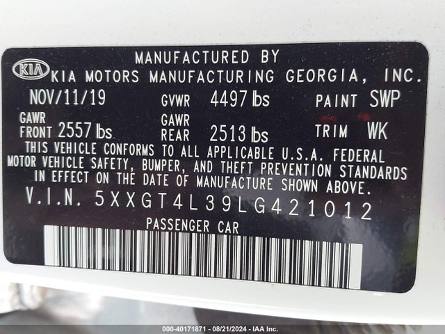 KIA Optima Lx 2020 5XXGT4L39LG421012 Image 9