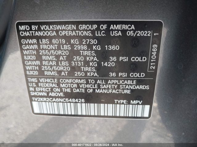 1V2KR2CA6NC548426 Volkswagen Atlas 3.6l V6 Se W/technology