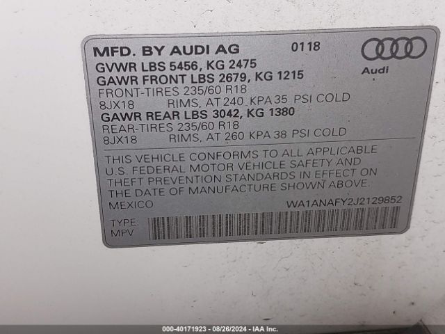 WA1ANAFY2J2129852 Audi Q5 2.0t Premium/2.0t Tech Premium