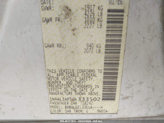 Nissan Altima 2.5 S 2016 1N4AL3AP5GN333502 Image 9