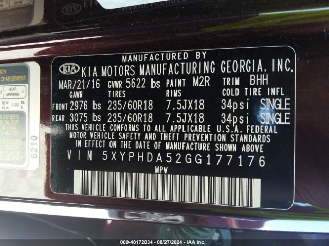 5XYPHDA52GG177176 KIA Sorento 3.3l Ex