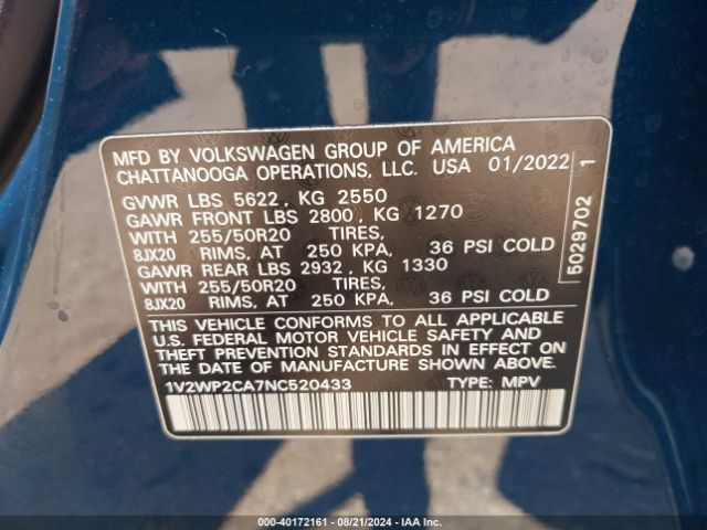 1V2WP2CA7NC520433 Volkswagen Atlas 2.0t Se W/technology