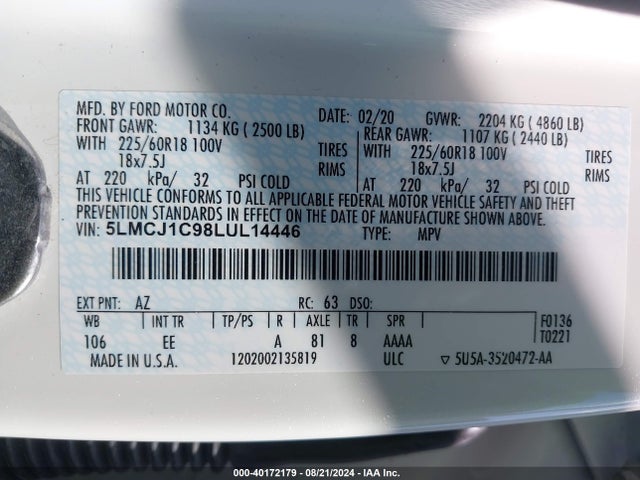 5LMCJ1C98LUL14446 Lincoln Corsair Standard
