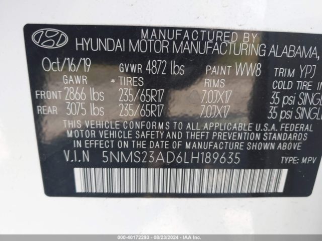 5NMS23AD6LH189635 Hyundai Santa Fe Se