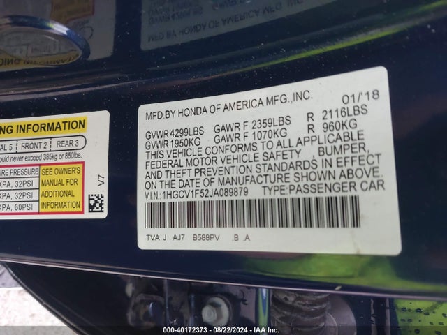 Honda Accord Ex-l 2018 1HGCV1F52JA089879 Image 9