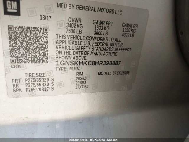 1GNSKHKC8HR398887 Chevrolet Suburban Lt