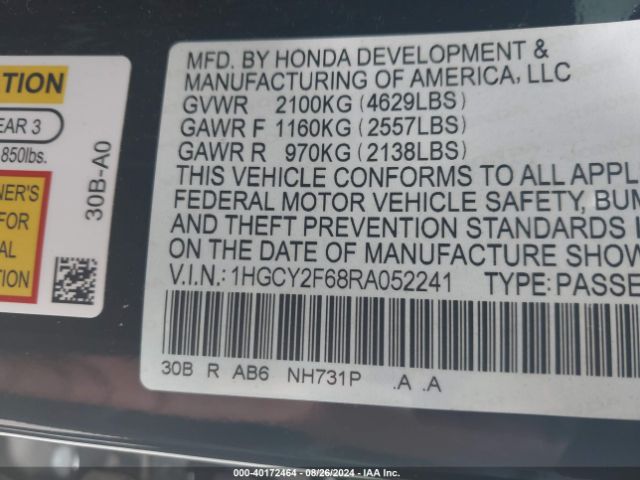 1HGCY2F68RA052241 Honda Accord Hybrid Ex-l