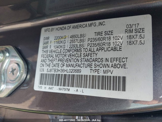 5J8TB3H36HL020689 Acura Rdx Acurawatch Plus Package