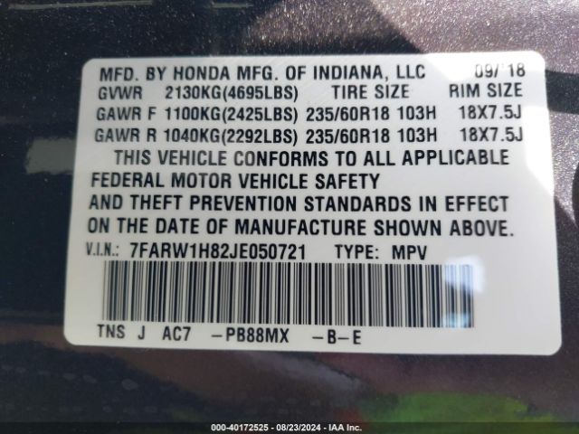 7FARW1H82JE050721 Honda Cr-v Ex-l/ex-l Navi