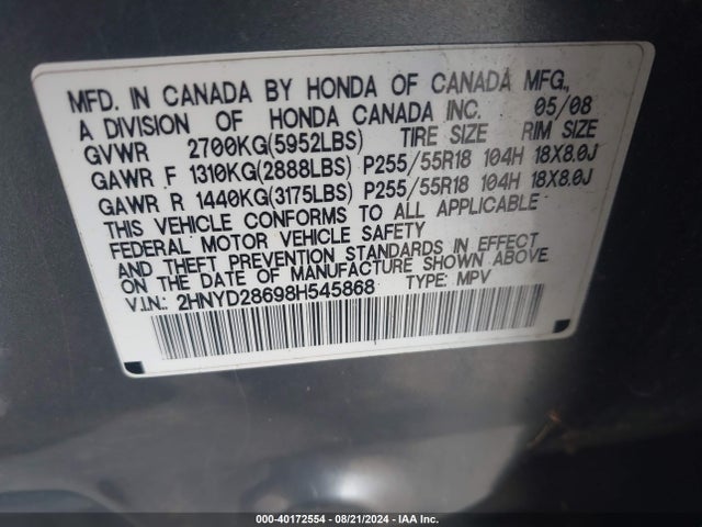Продаж на аукціоні авто 2008 Acura Mdx Technology Package, vin: 2HNYD28698H545868, номер лоту: 40172554