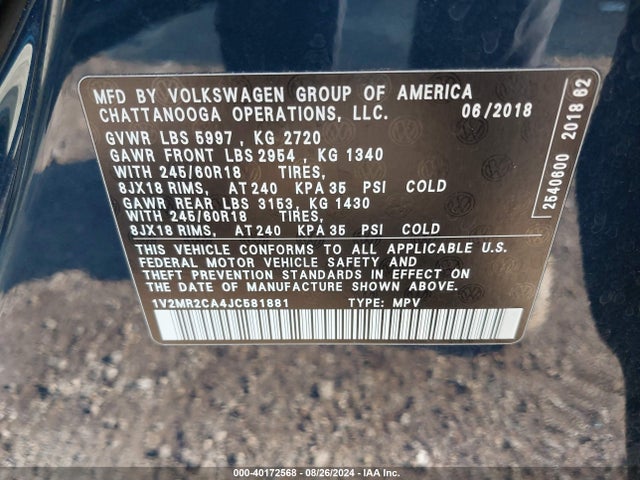 1V2MR2CA4JC581881 Volkswagen Atlas 3.6l V6 Sel
