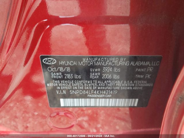 5NPD84LF4KH421419 Hyundai ELANTRA SEL