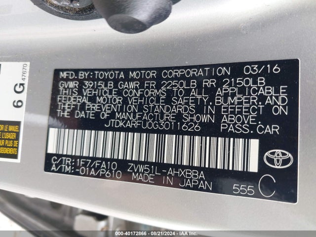 Toyota Prius Two Eco 2016 JTDKARFU0G3011626 Image 9