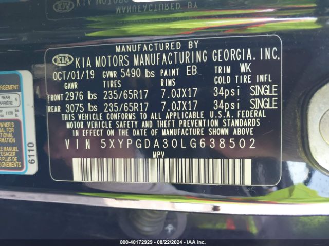 5XYPGDA30LG638502 KIA Sorento 2.4l Lx