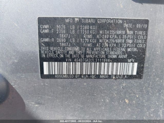 4S4BTGKD2L3111866 Subaru Outback Onyx Edition Xt