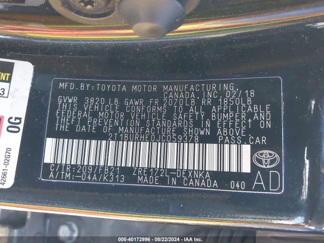 Toyota COROLLA LE 2018 2T1BURHE0JC059378 Image 9