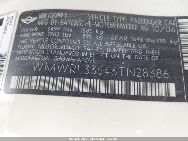 2006 MINI COOPER S WMWRE33546TN28386 Photo 8